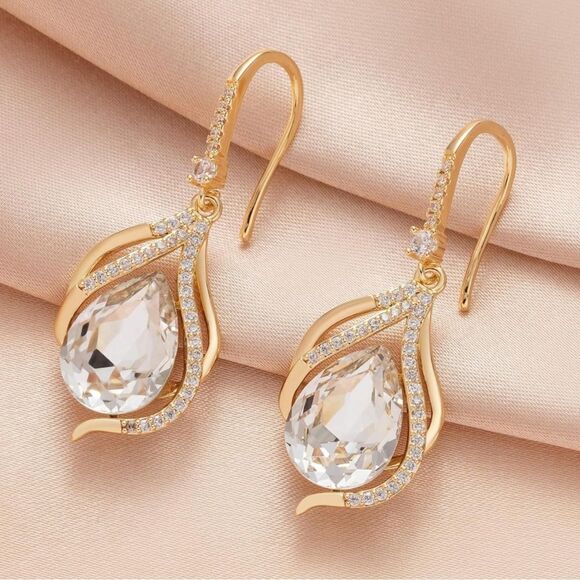14K Yellow Gold with White Diamond Austrian Crystal Twisted Teardrop Earrings - Picture 2 of 6